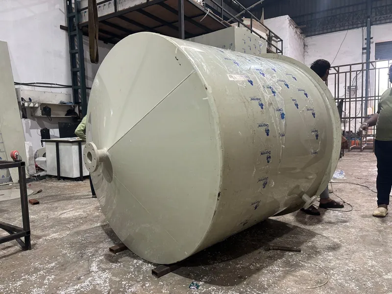 Large polypropylene chemical storage tank under fabrication at the works